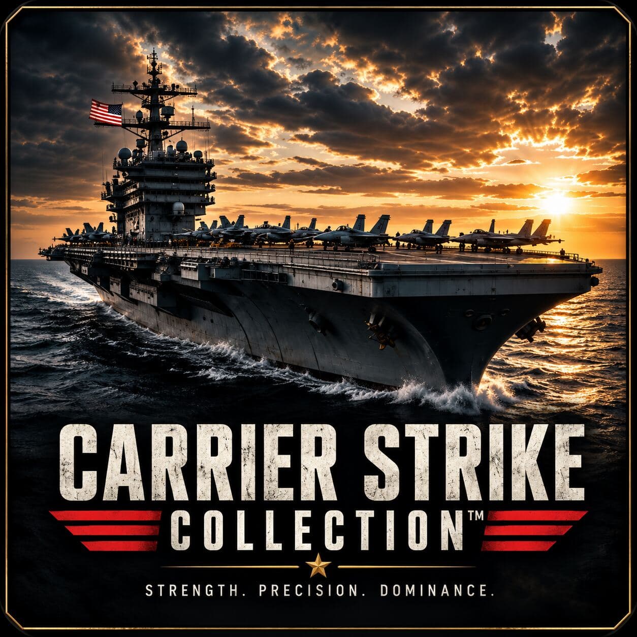 Carrier Strike collection artwork: an aircraft carrier under way at sunset with aircraft on deck