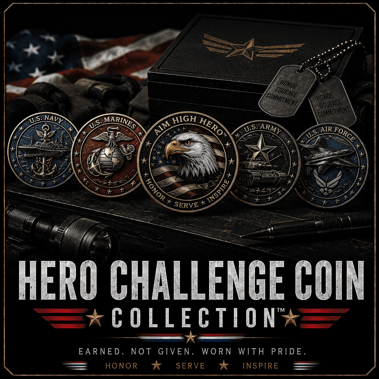 Hero Challenge Coin Collection artwork featuring service-inspired coins and Aim High Hero eagle insignia